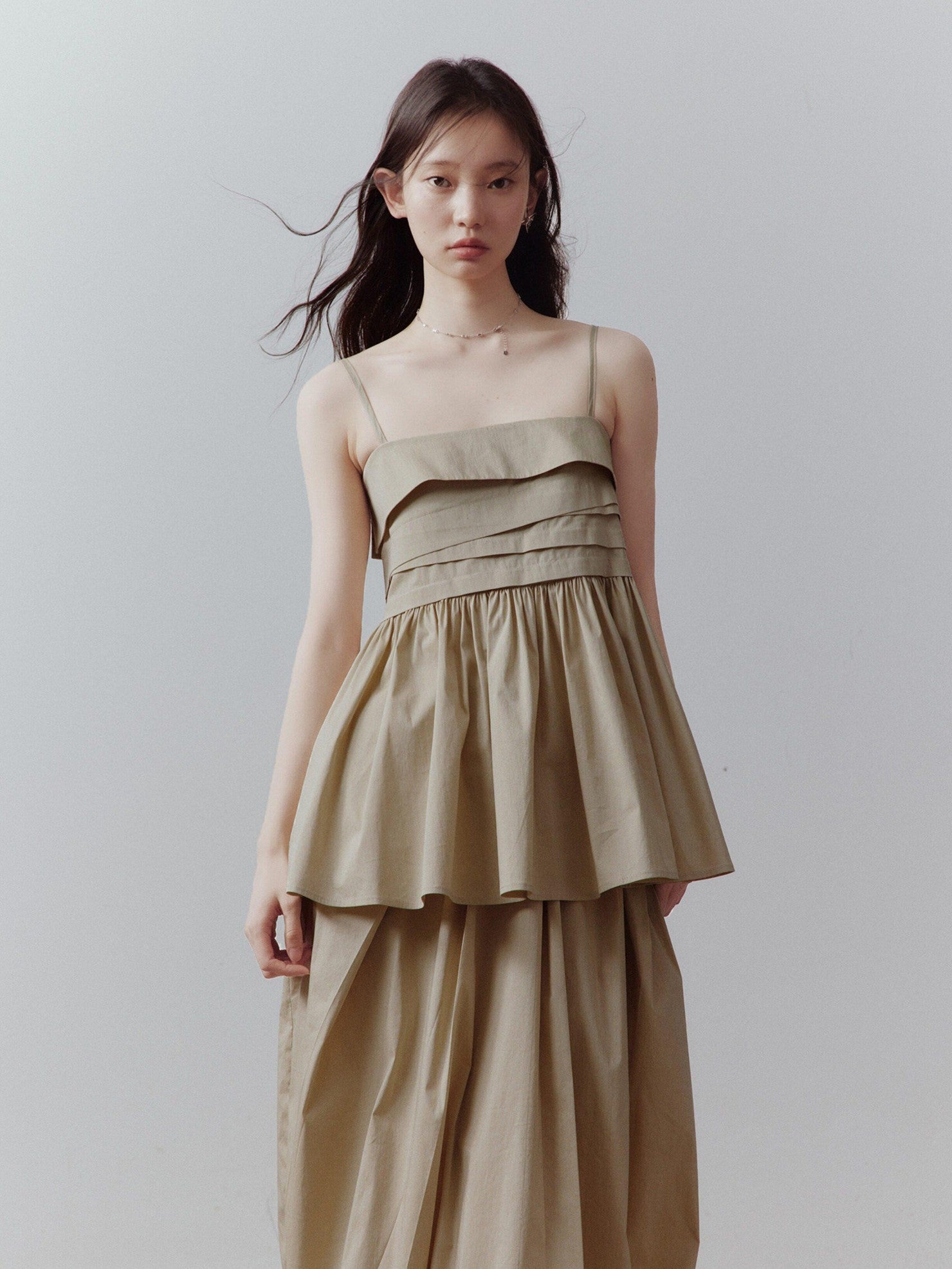 FUSSED Sand Almond Layered Splice Irregular Pleat Zip Women&