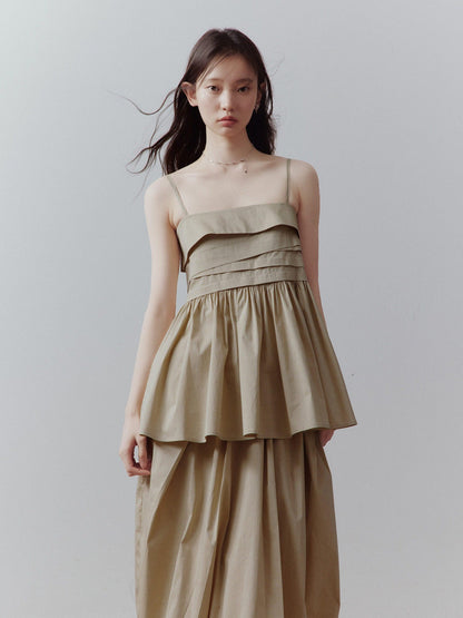 FUSSED Sand Almond Layered Splice Irregular Pleat Zip Women&