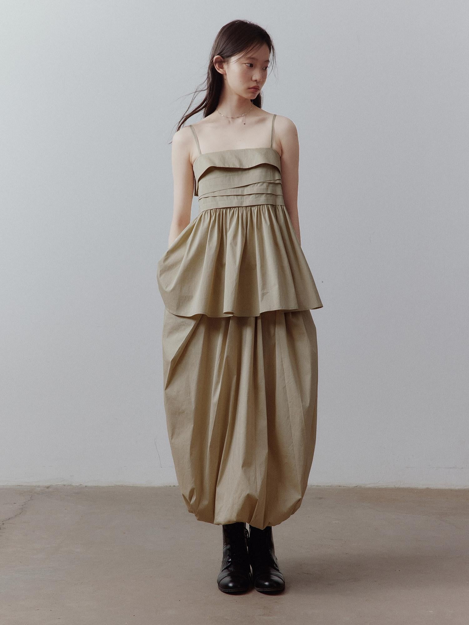 FUSSED Sand Almond Layered Splice Irregular Pleat Zip Women&