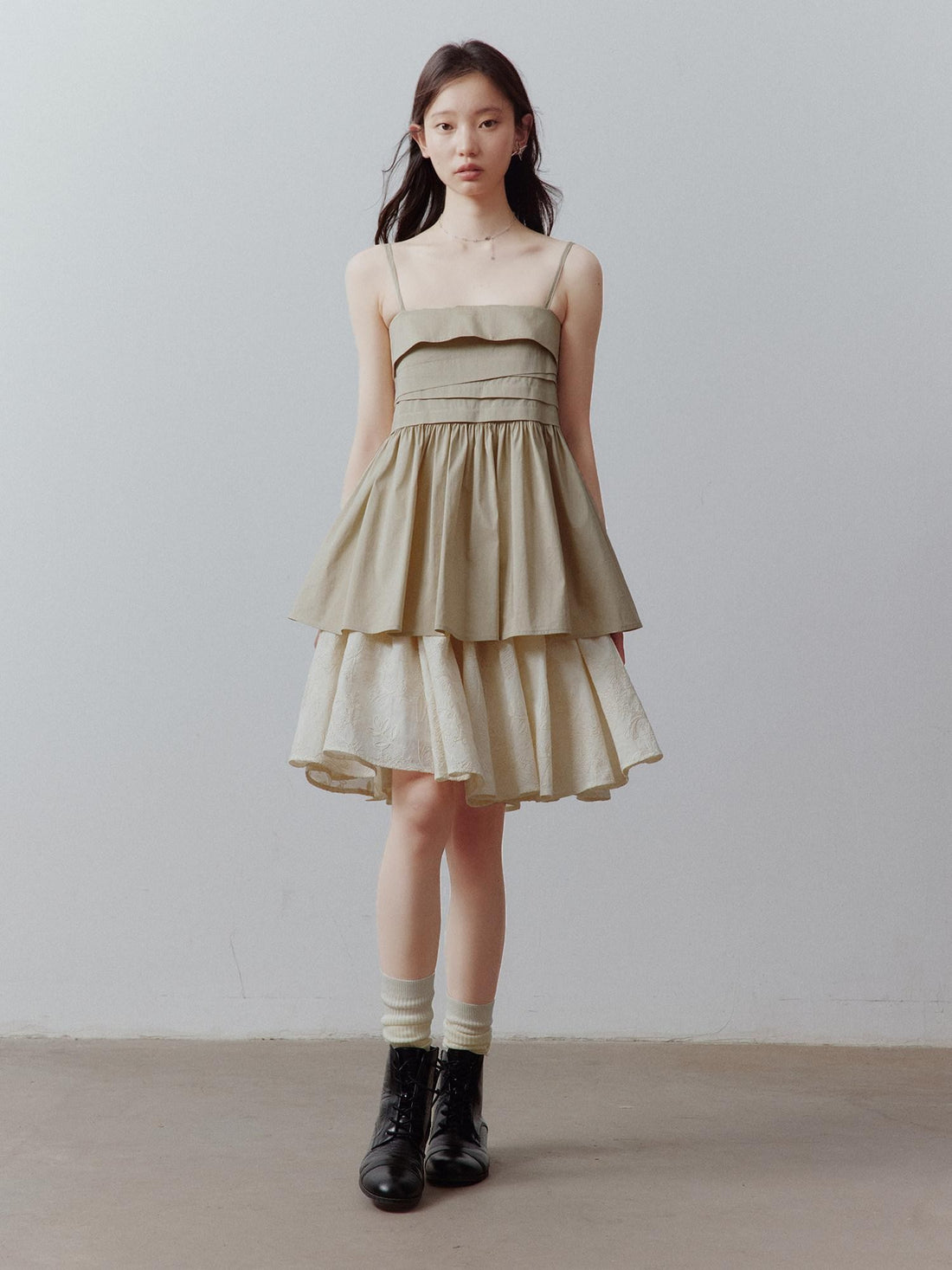 FUSSED Sand Almond Layered Splice Irregular Pleat Zip Women&