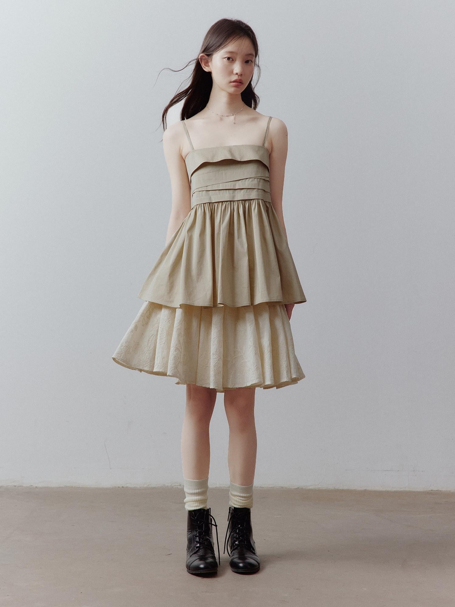 FUSSED Sand Almond Layered Splice Irregular Pleat Zip Women&