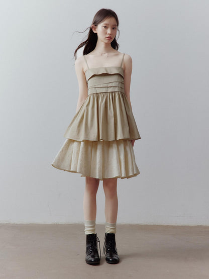 FUSSED Sand Almond Layered Splice Irregular Pleat Zip Women&