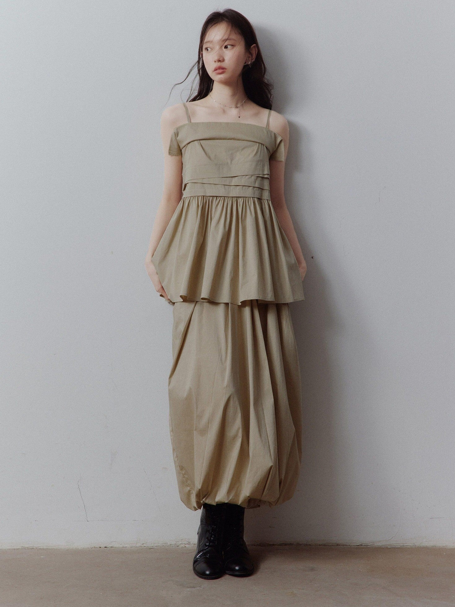 FUSSED Sand Almond Layered Splice Irregular Pleat Zip Women&
