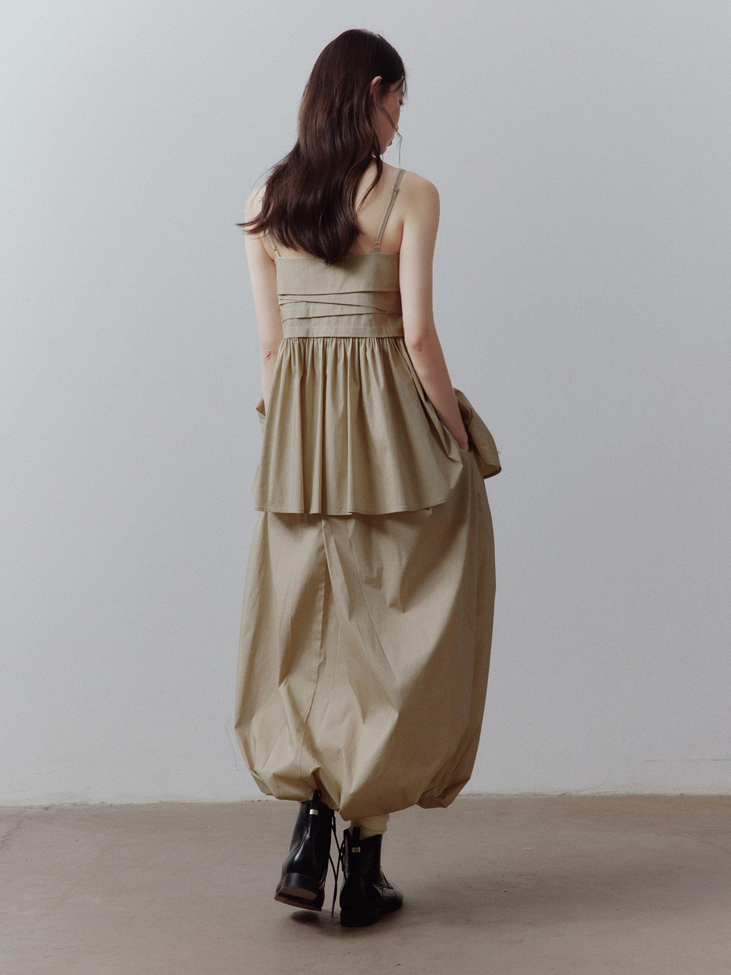 FUSSED Sand Almond Layered Splice Irregular Pleat Zip Women&