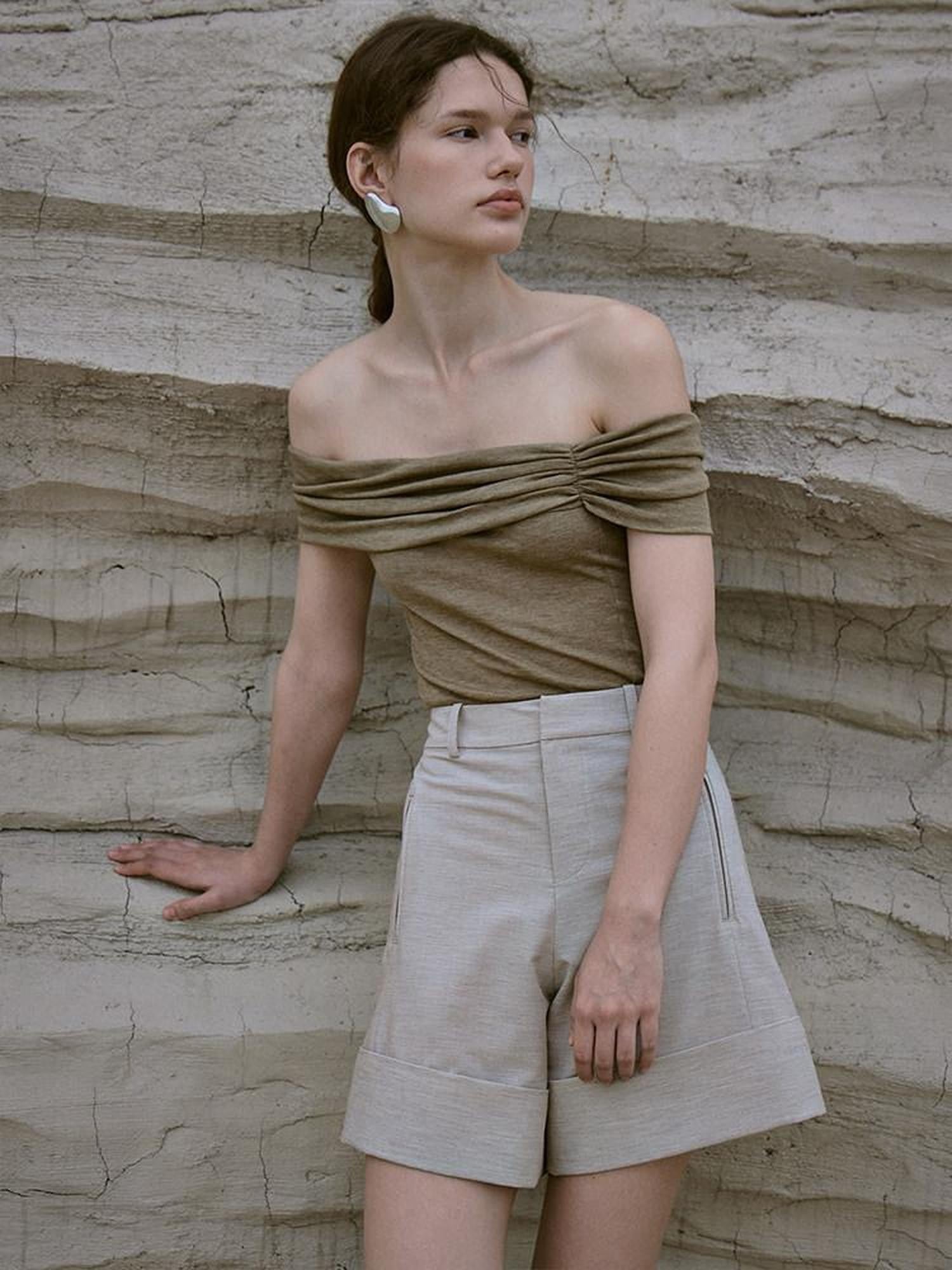 FUSSED Sand Color Structured High Waist Wide Leg Tailored Women&