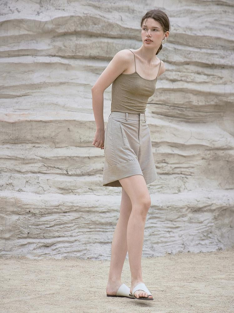 FUSSED Sand Color Structured High Waist Wide Leg Tailored Women&