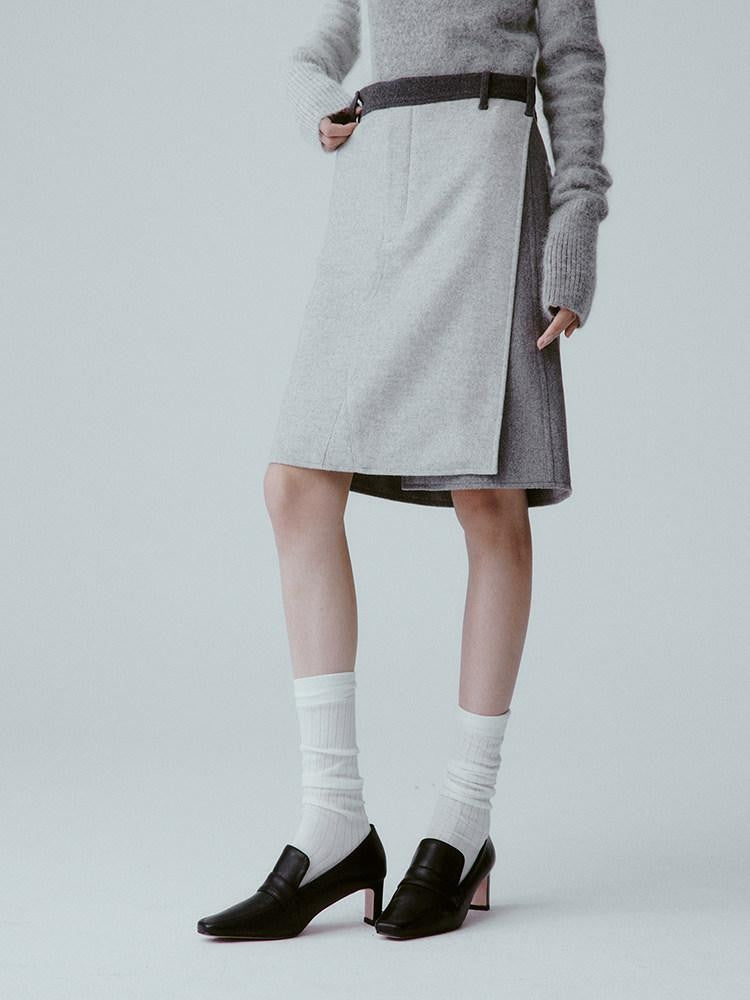 FUSSED Sand Grey Topstitched Single Panel A Line Mid Waist Women&