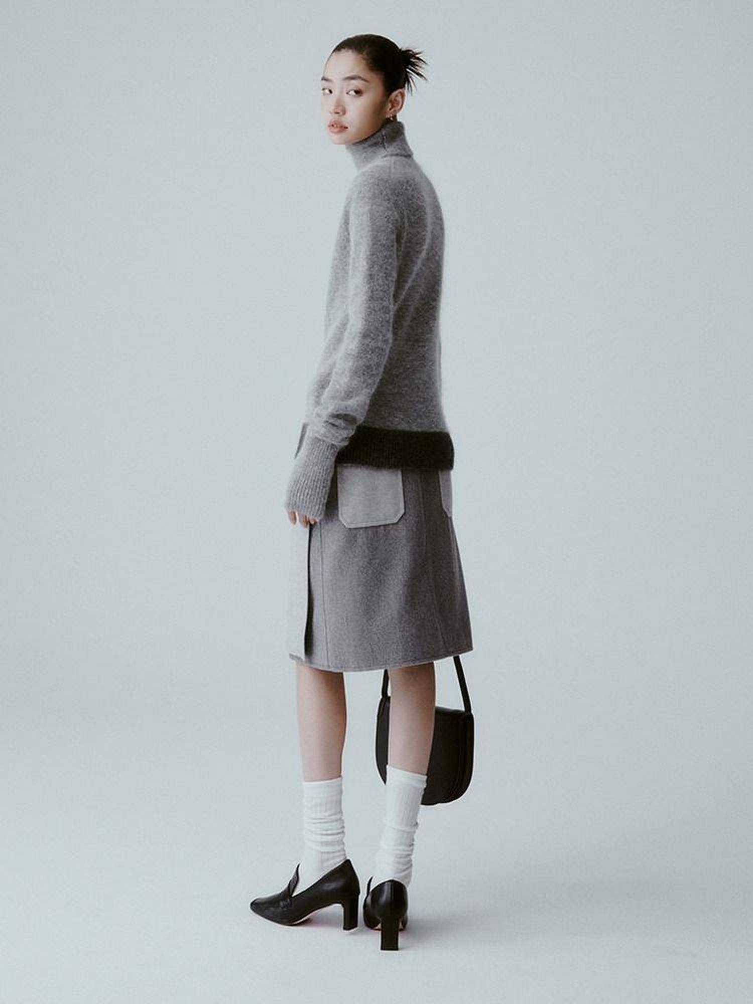 FUSSED Sand Grey Topstitched Single Panel A Line Mid Waist Women&