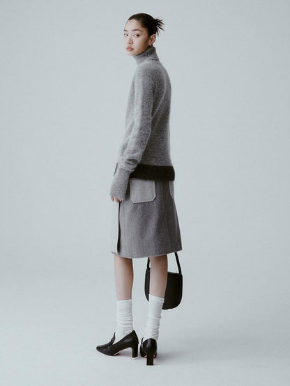 FUSSED Sand Grey Topstitched Single Panel A Line Mid Waist Women&