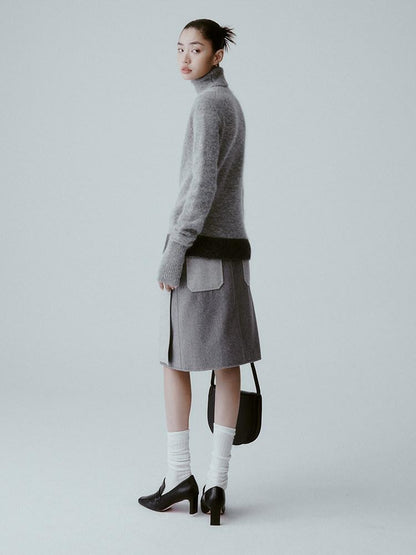 FUSSED Sand Grey Topstitched Single Panel A Line Mid Waist Women&