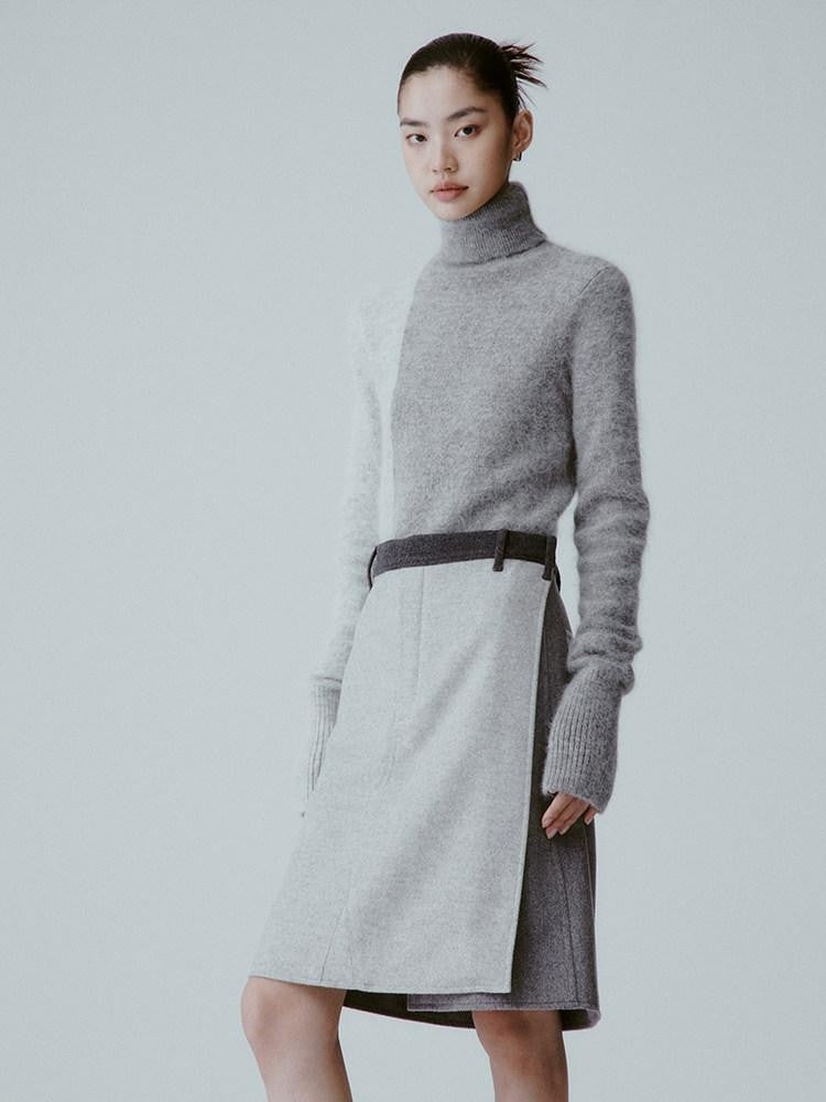 FUSSED Sand Grey Topstitched Single Panel A Line Mid Waist Women&