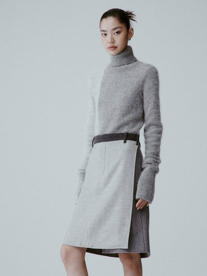 FUSSED Sand Grey Topstitched Single Panel A Line Mid Waist Women&