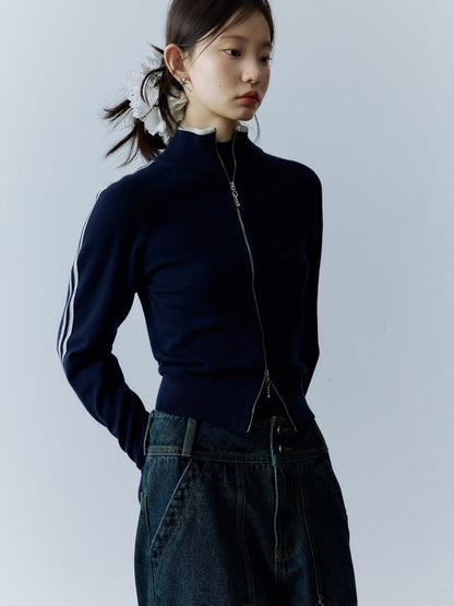 FUSSED Serene Blue 14g Intarsia Colorblock Stripe High Neck Women&