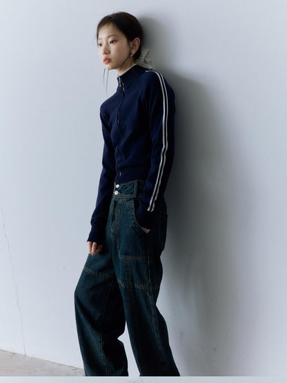 FUSSED Serene Blue 14g Intarsia Colorblock Stripe High Neck Women&