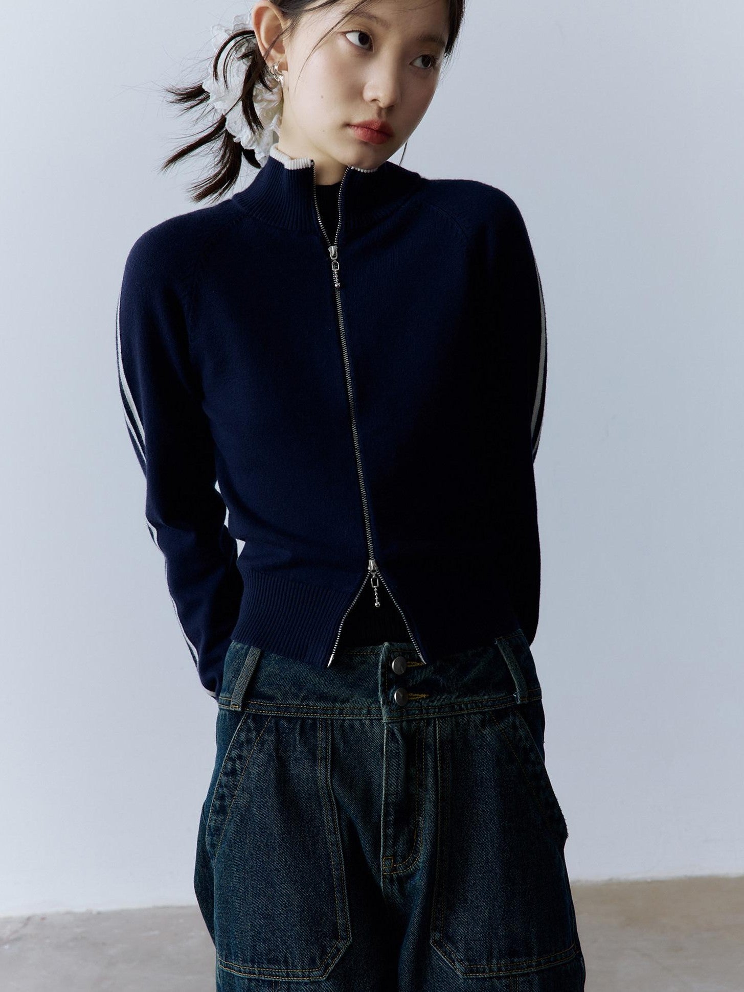 FUSSED Serene Blue 14g Intarsia Colorblock Stripe High Neck Women&