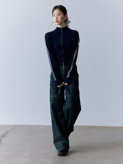 FUSSED Serene Blue 14g Intarsia Colorblock Stripe High Neck Women&