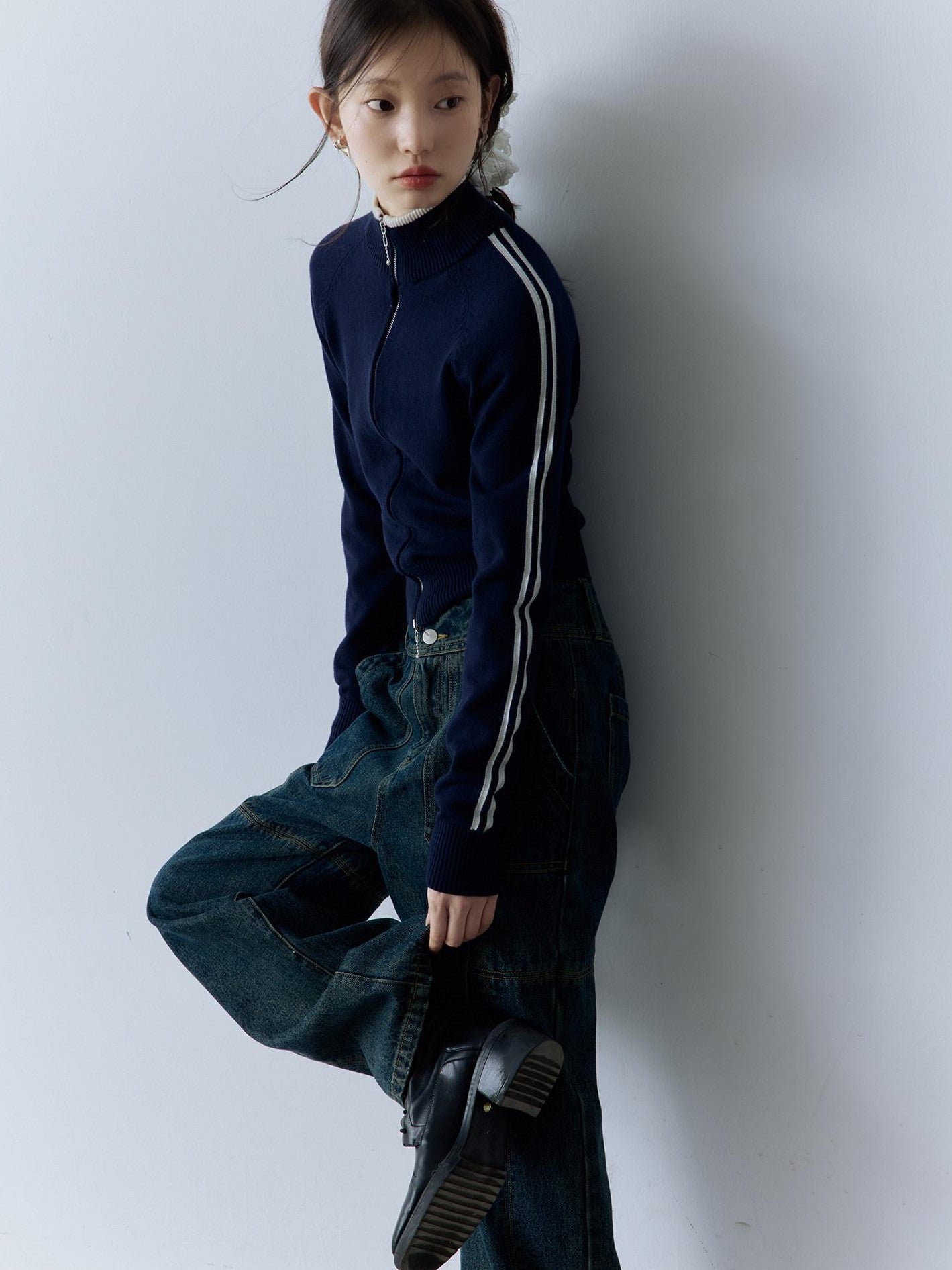 FUSSED Serene Blue 14g Intarsia Colorblock Stripe High Neck Women&