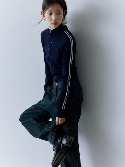 FUSSED Serene Blue 14g Intarsia Colorblock Stripe High Neck Women&