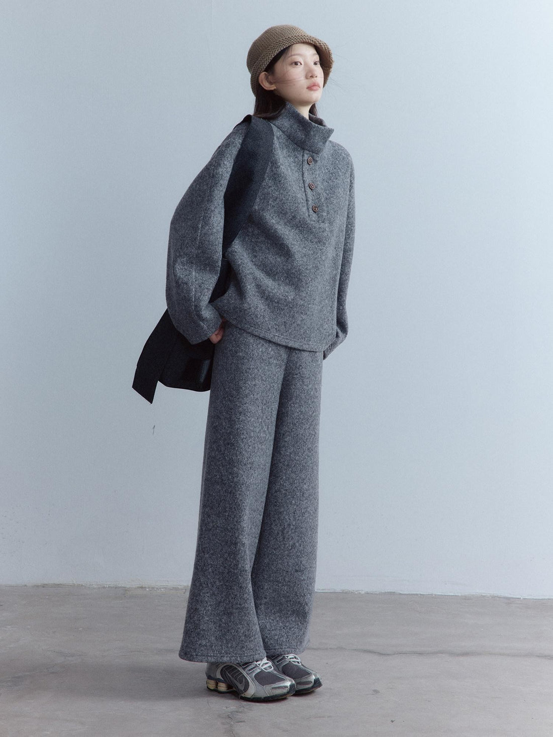 FUSSED Smoky Gray Double Layer Wool Plush Relaxed Fit Women&