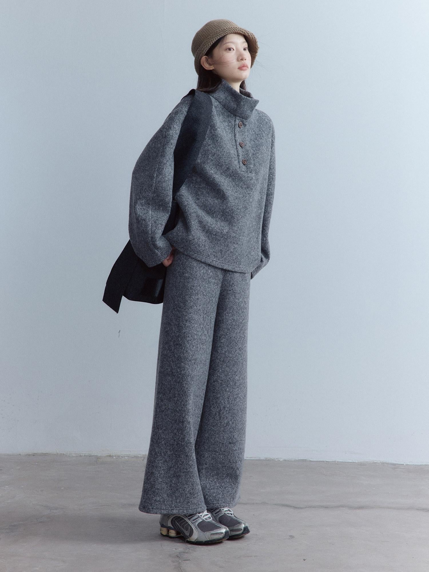 FUSSED Smoky Gray Double Layer Wool Plush Relaxed Fit Women&