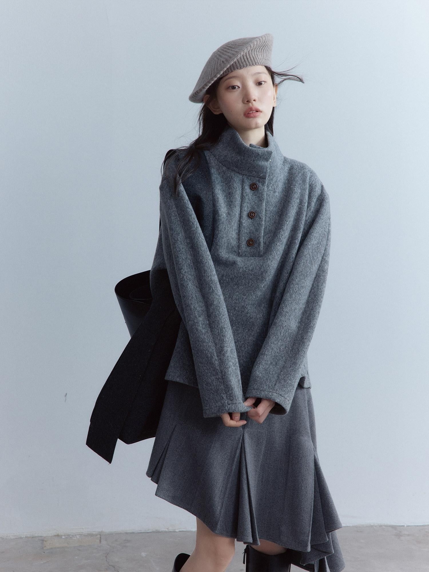 FUSSED Smoky Gray Double Layer Wool Plush Relaxed Fit Women&