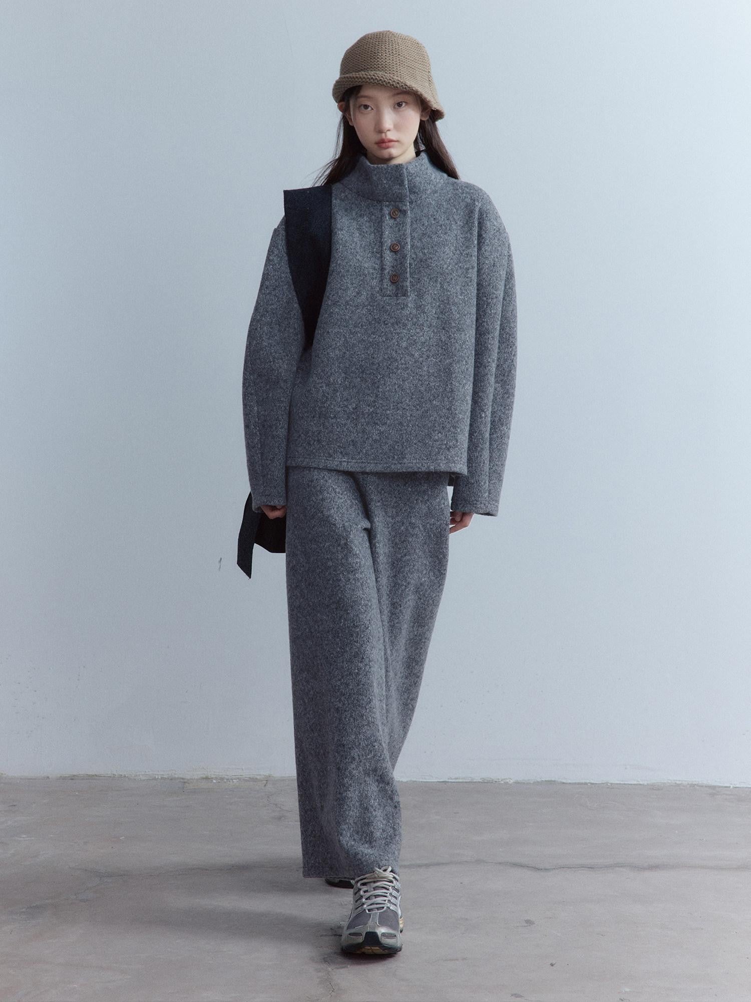 FUSSED Smoky Gray Double Layer Wool Plush Relaxed Fit Women&