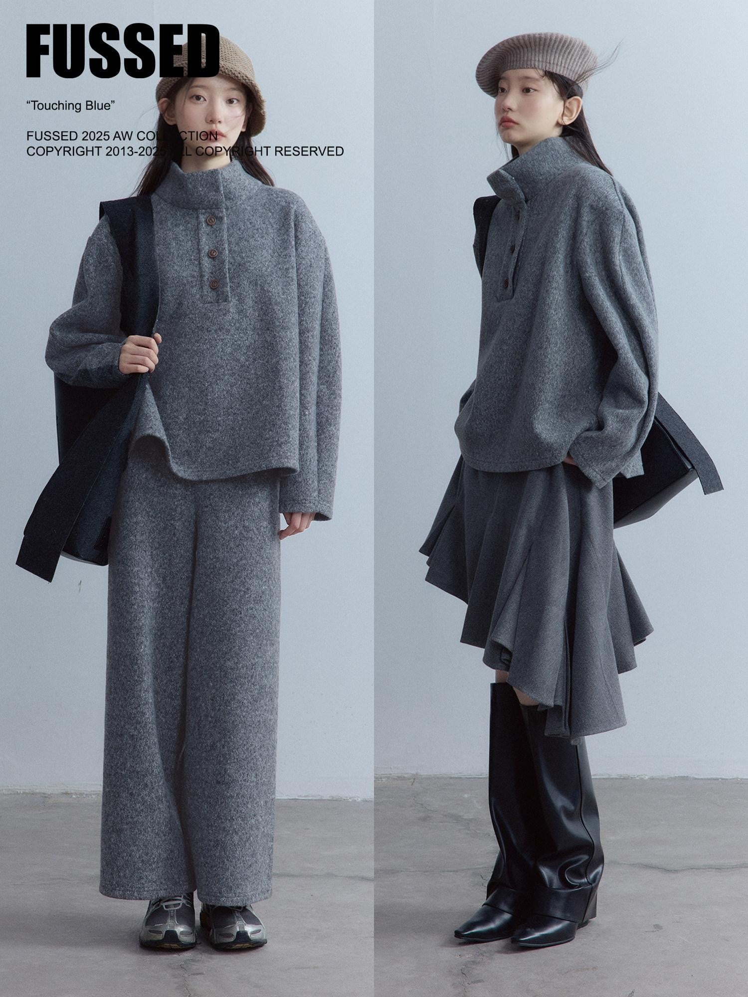 FUSSED Smoky Gray Double Layer Wool Plush Relaxed Fit Women&