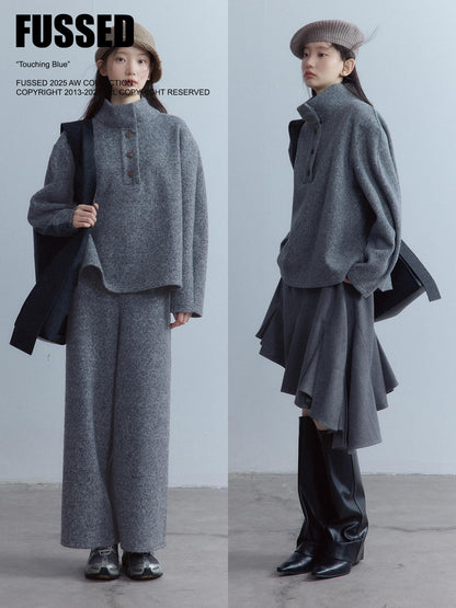 FUSSED Smoky Gray Double Layer Wool Plush Relaxed Fit Women&