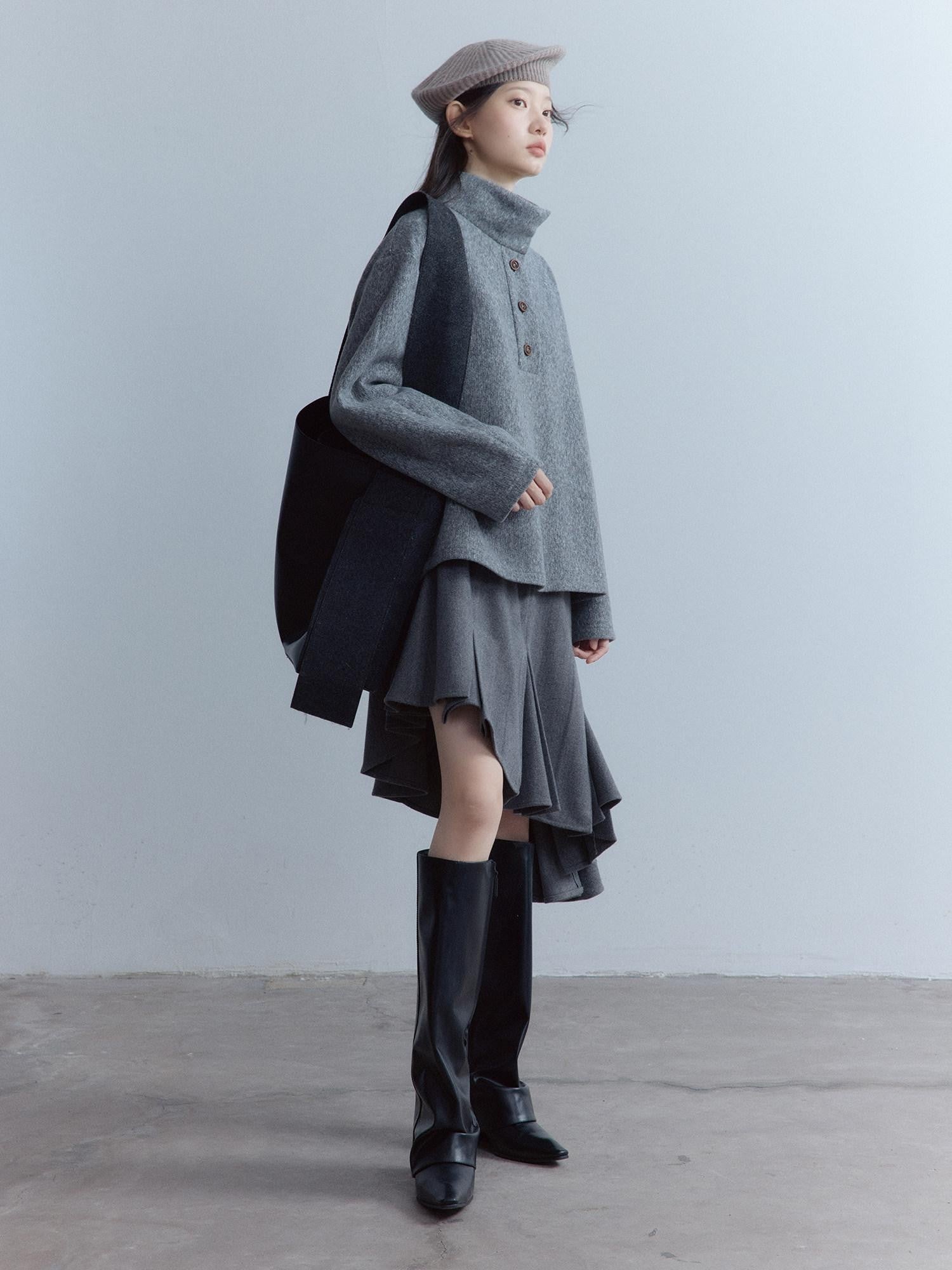 FUSSED Smoky Gray Double Layer Wool Plush Relaxed Fit Women&