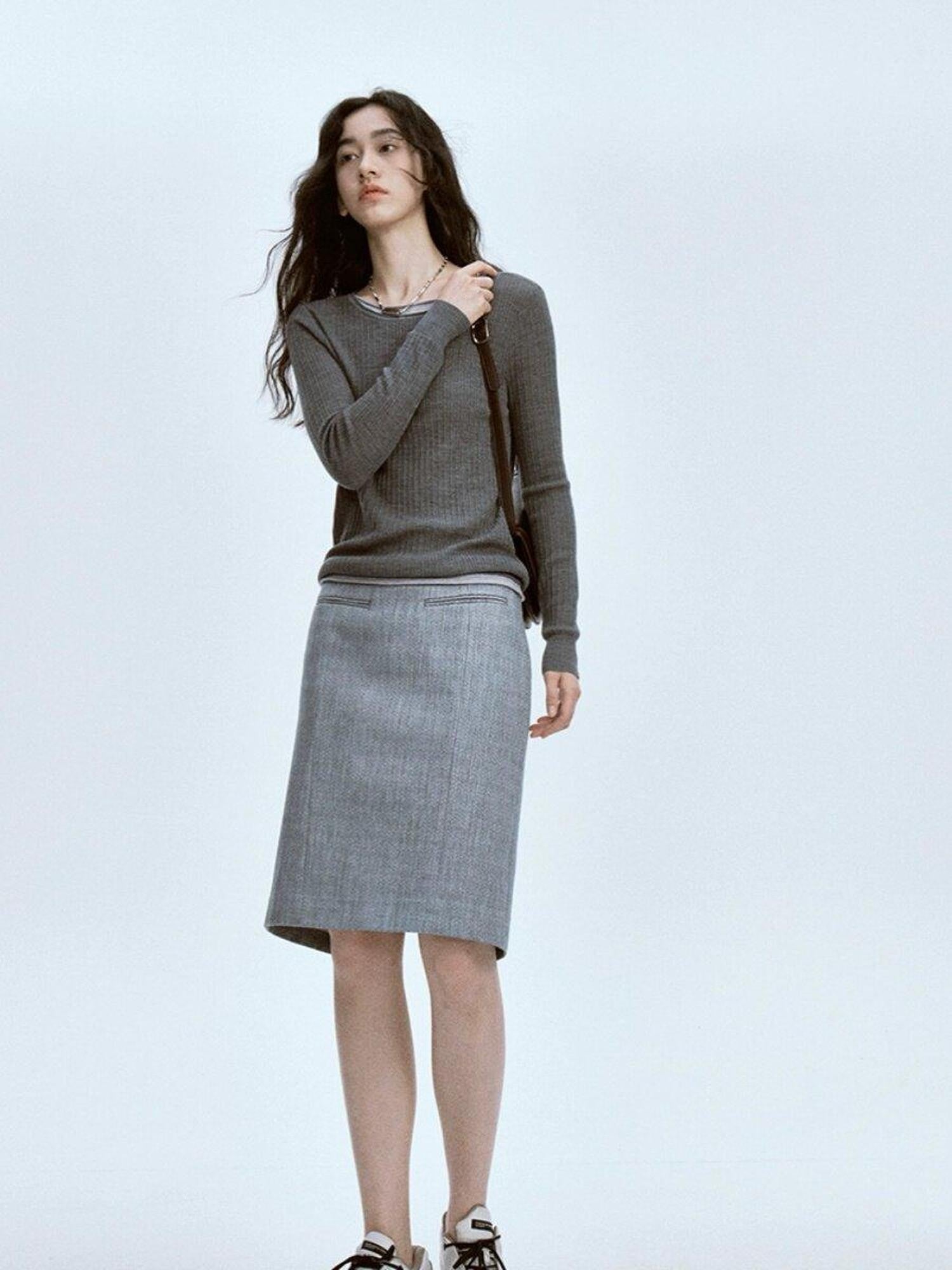 FUSSED Snow Grey Water Ripple Tailored Suit A Line Women&