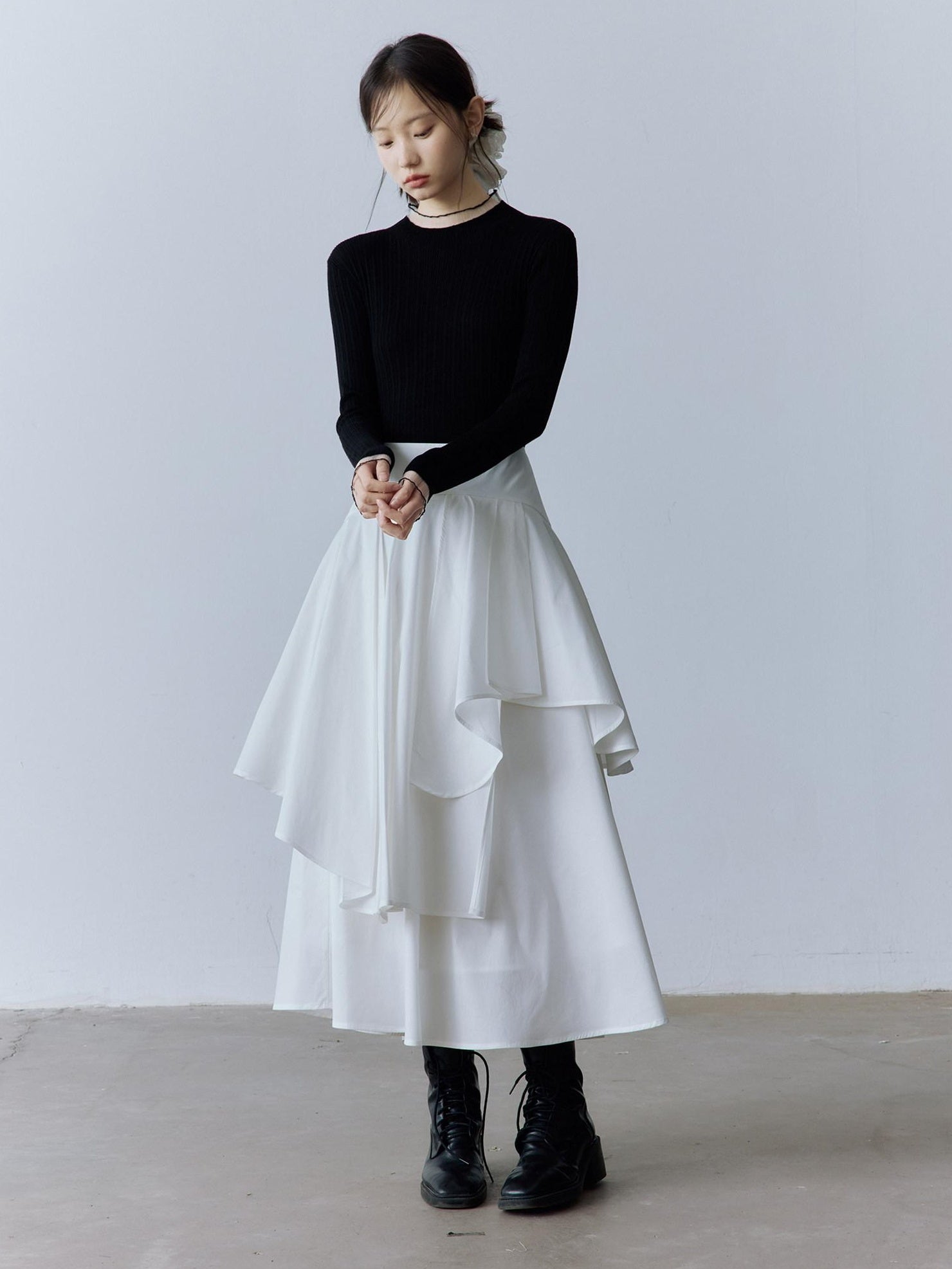FUSSED Soft Cotton High Waist Minimalist Asymmetric A Line City Commuter Maxi Skirt
