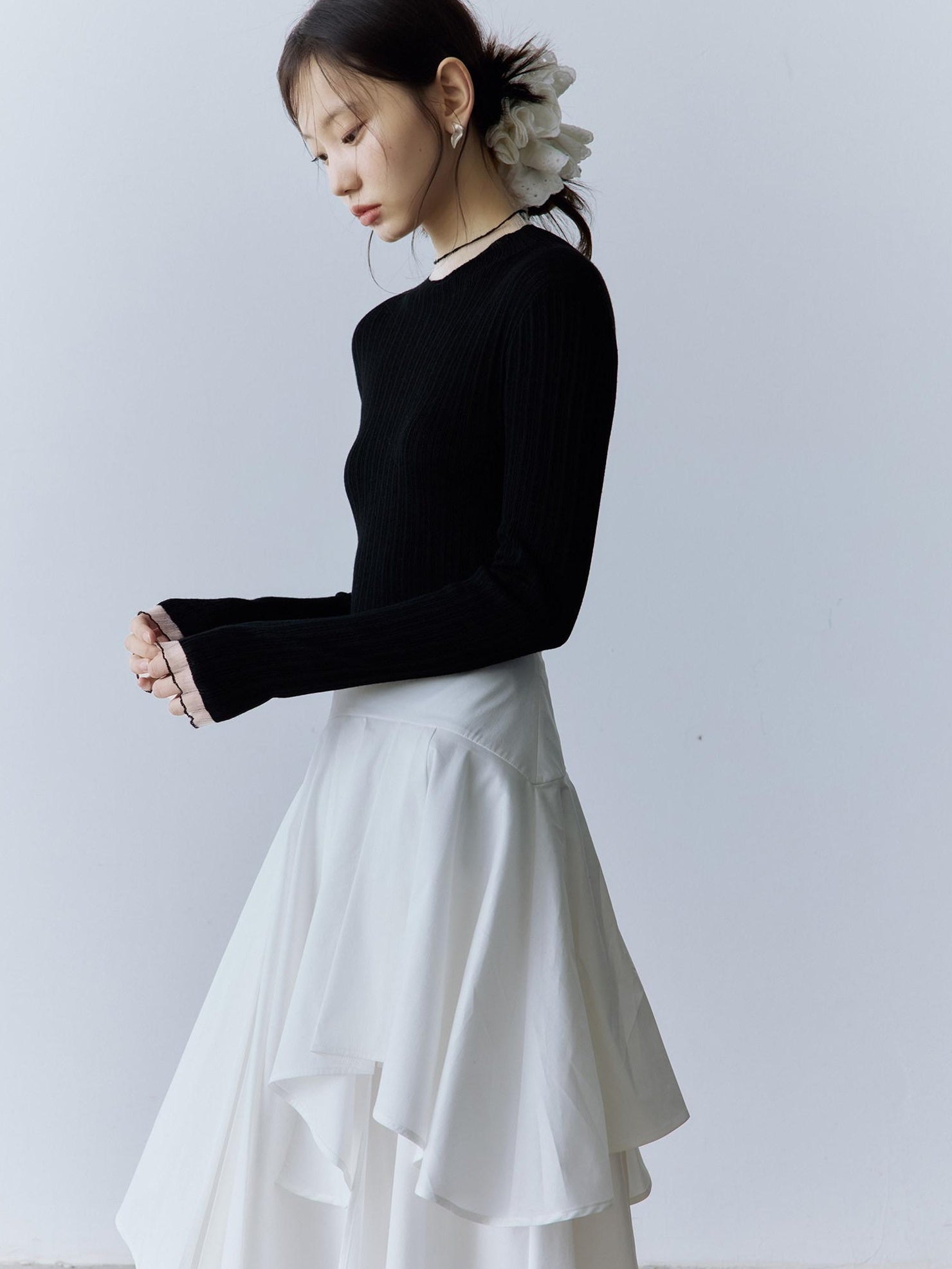 FUSSED Soft Cotton High Waist Minimalist Asymmetric A Line City Commuter Maxi Skirt