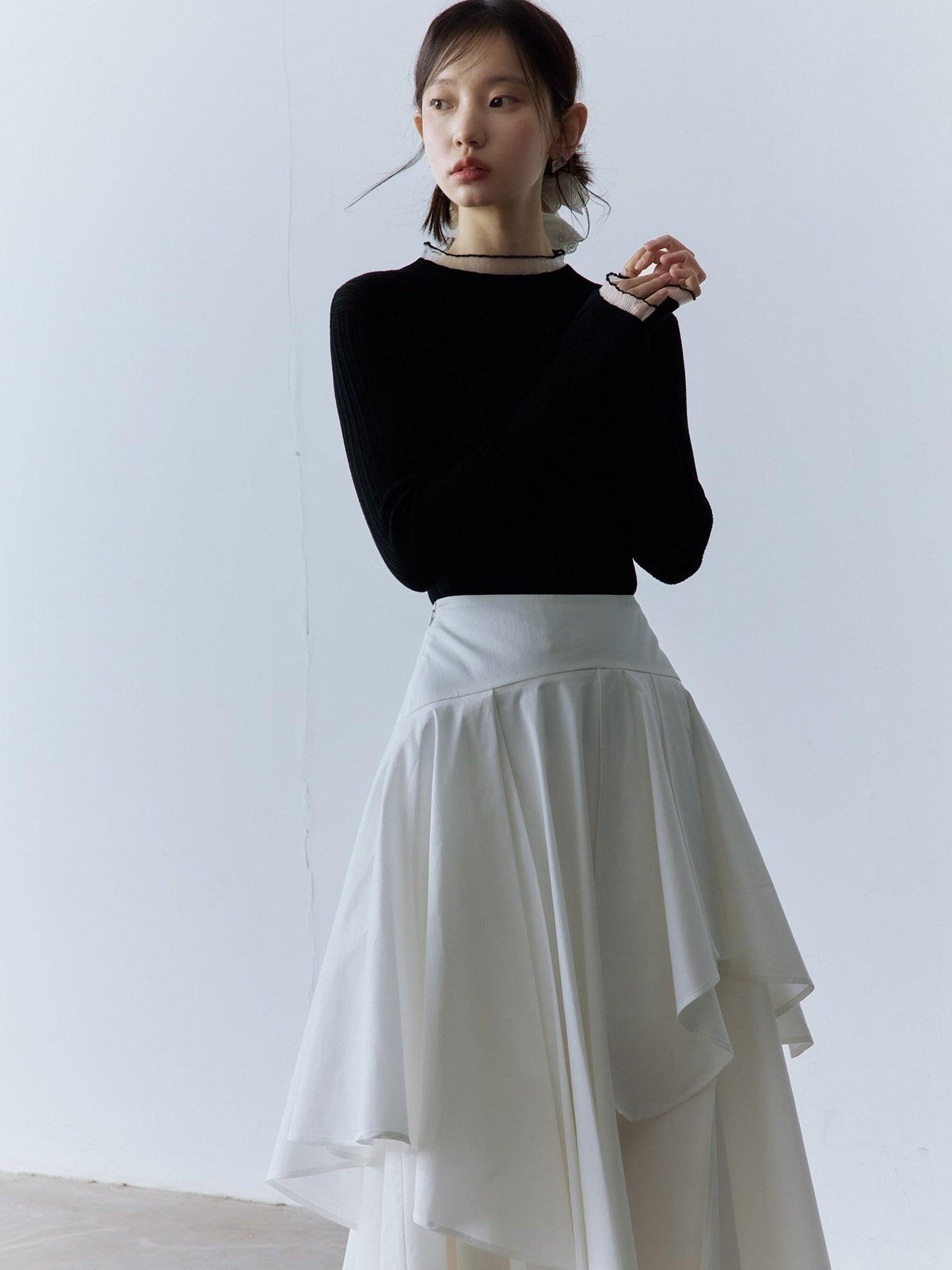 FUSSED Soft Cotton High Waist Minimalist Asymmetric A Line City Commuter Maxi Skirt