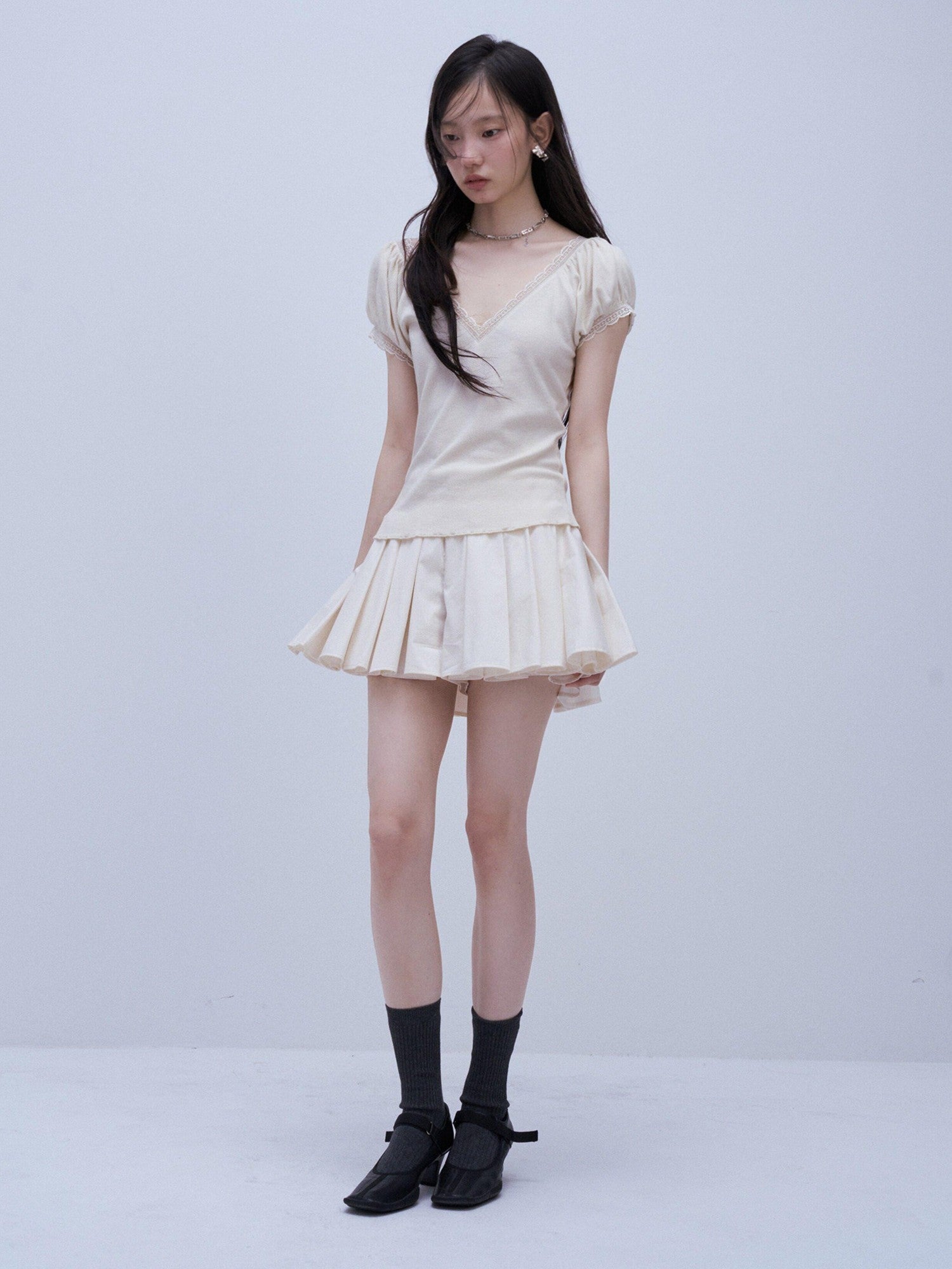 FUSSED Soft Mist White Heavy 3d Pressed Pleats A Line Women&