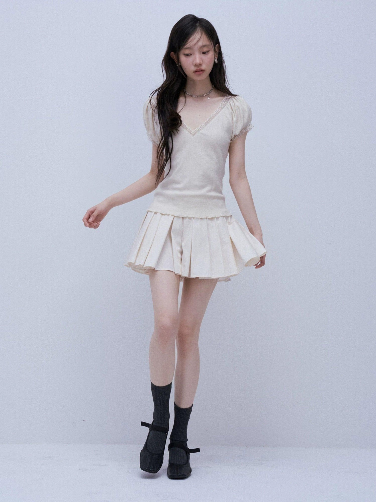 FUSSED Soft Mist White Heavy 3d Pressed Pleats A Line Women&