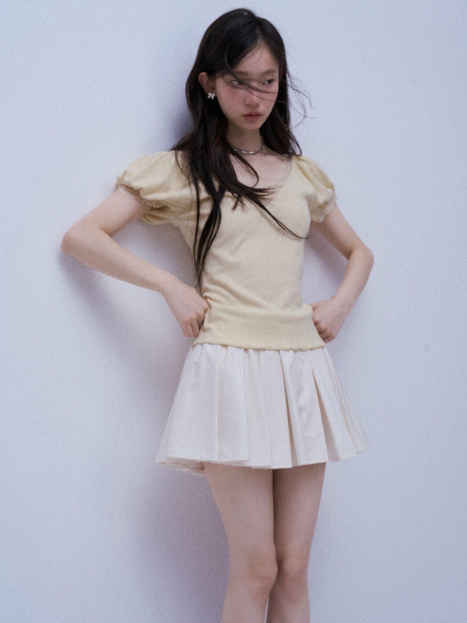 FUSSED Soft Mist White Heavy 3d Pressed Pleats A Line Women&