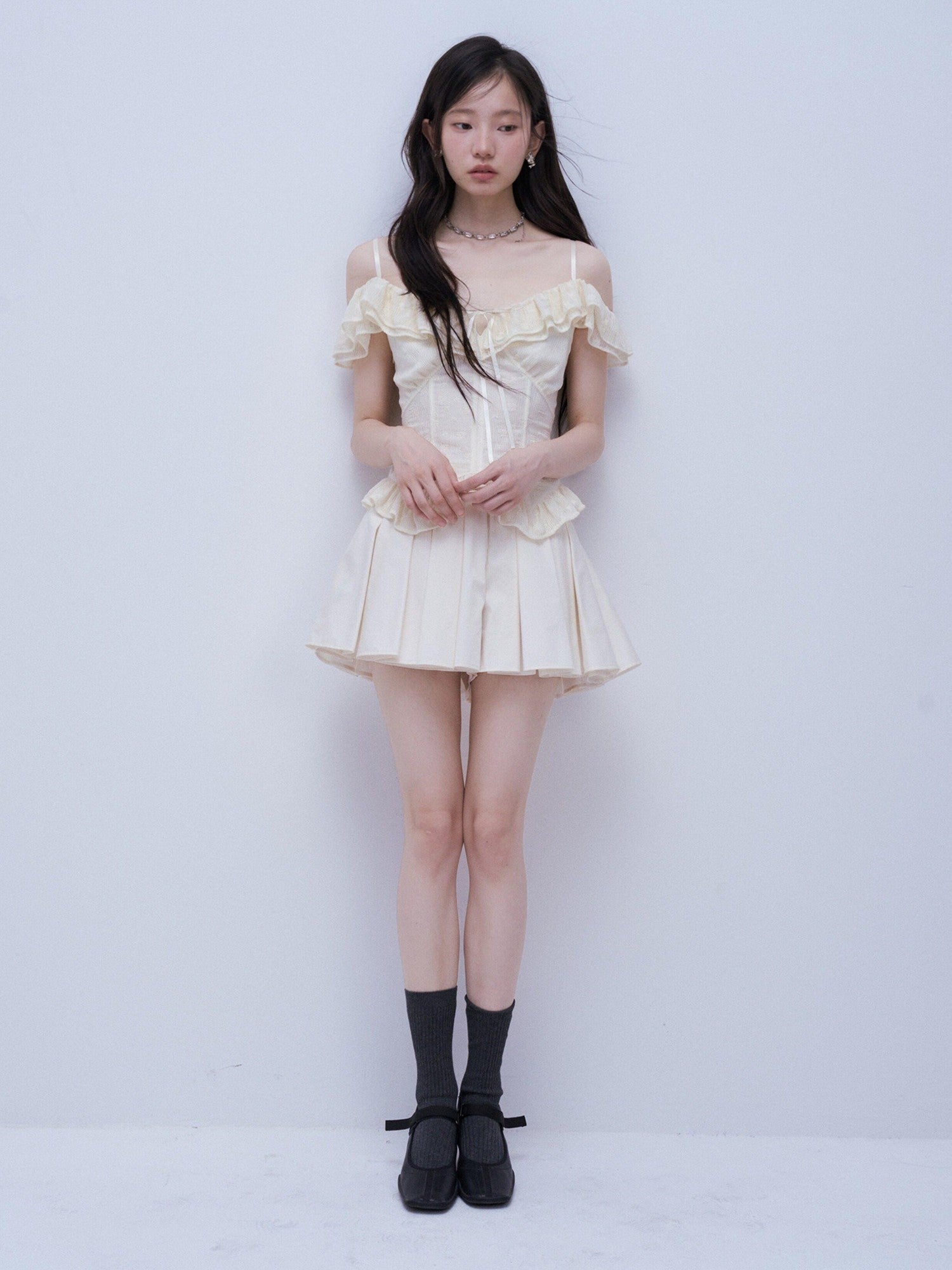 FUSSED Soft Mist White Heavy 3d Pressed Pleats A Line Women&
