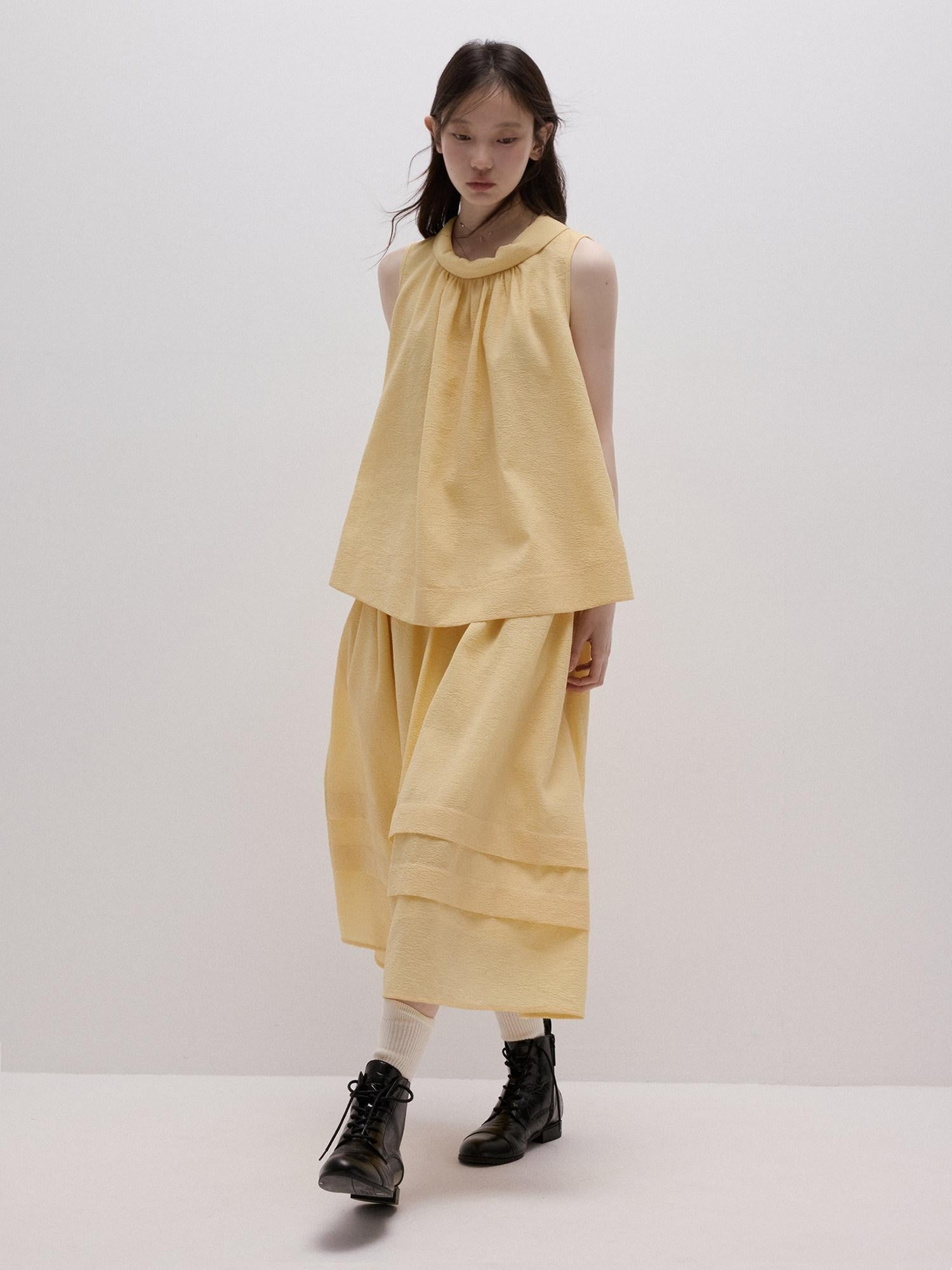 FUSSED Soft Mist Yellow Bubble Texture Layered Sleeveless Women&