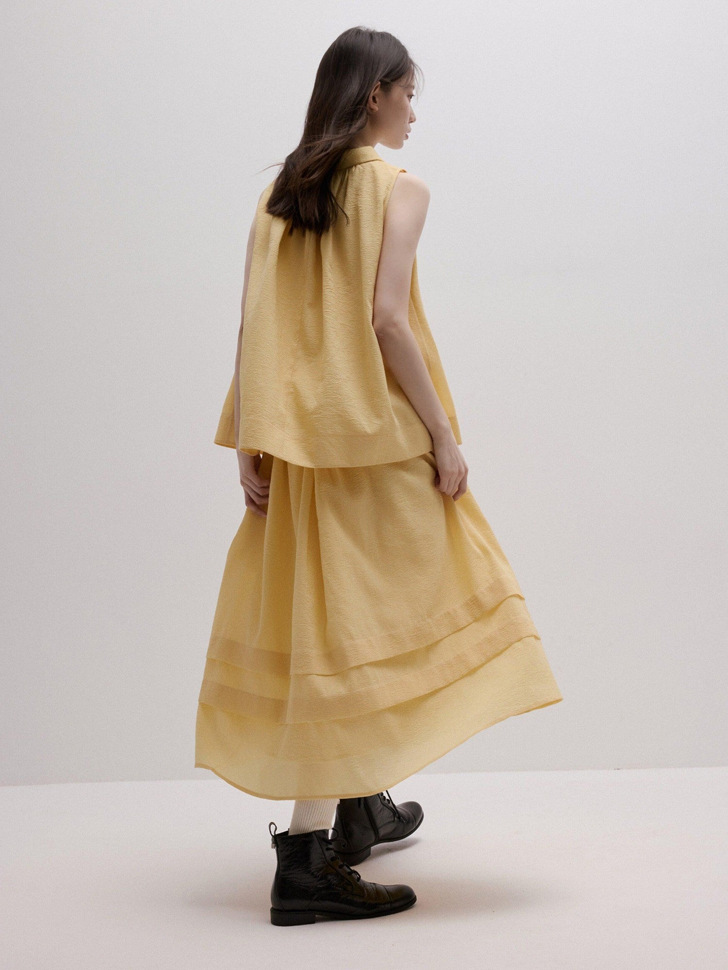 FUSSED Soft Mist Yellow Bubble Texture Layered Sleeveless Women&