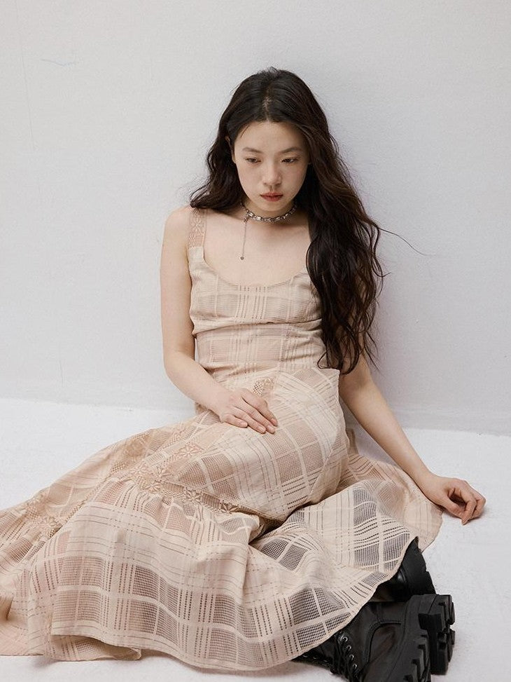 FUSSED Soft Pink Plaid Gauze Cutout Lace Women&