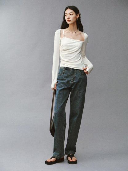 FUSSED Soft White Asymmetric Pleated Women&