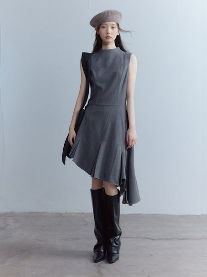 FUSSED_Soft_Wool_Blend_Aline_Irregular_Hem_Stand_Collar_Sleeveless_Grey_Midi_Dresses_MISSTT