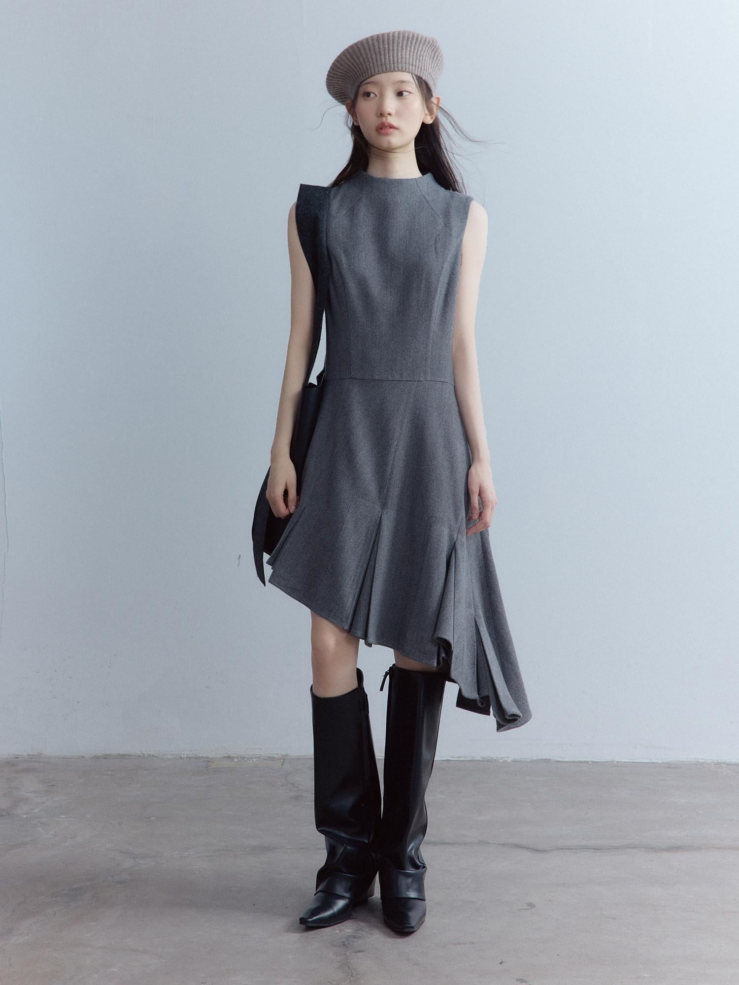 FUSSED Soft Wool Blend Aline Irregular Hem Stand Collar Sleeveless Grey Midi Dresses