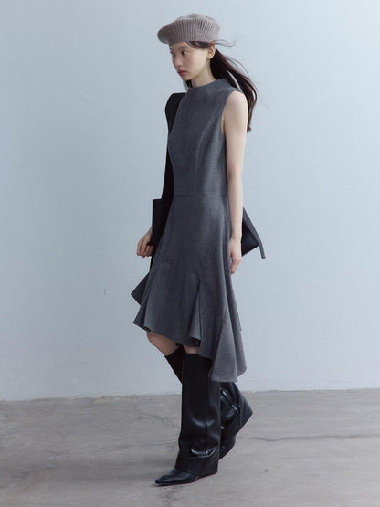 FUSSED Soft Wool Blend Aline Irregular Hem Stand Collar Sleeveless Grey Midi Dresses