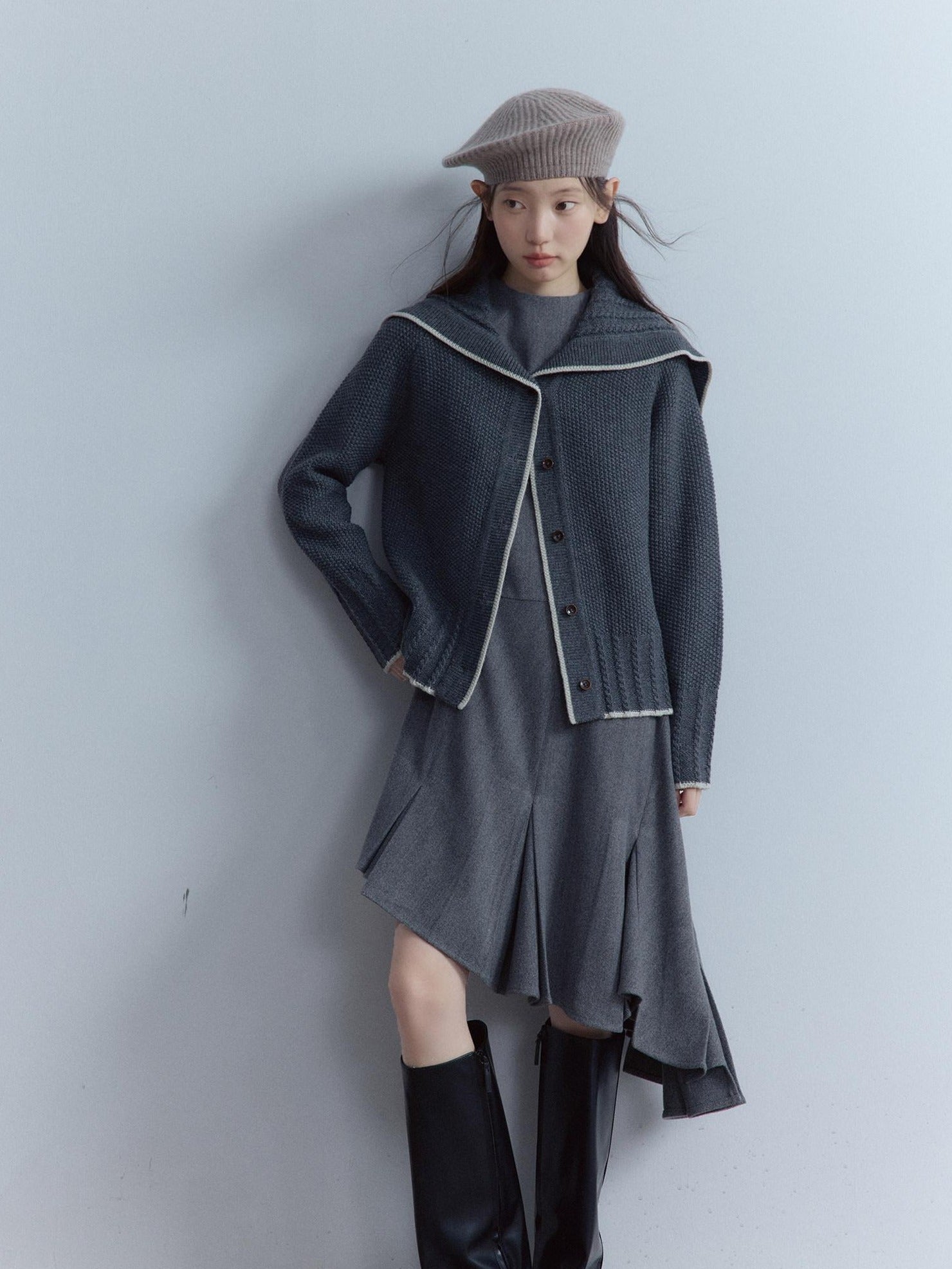 FUSSED Soft Wool Blend Aline Irregular Hem Stand Collar Sleeveless Grey Midi Dresses