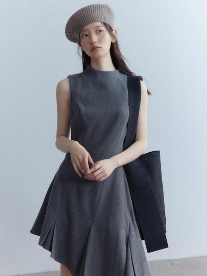 FUSSED Soft Wool Blend Aline Irregular Hem Stand Collar Sleeveless Grey Midi Dresses