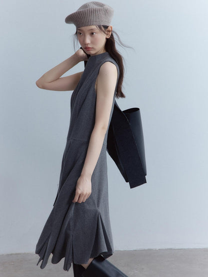 FUSSED Soft Wool Blend Aline Irregular Hem Stand Collar Sleeveless Grey Midi Dresses