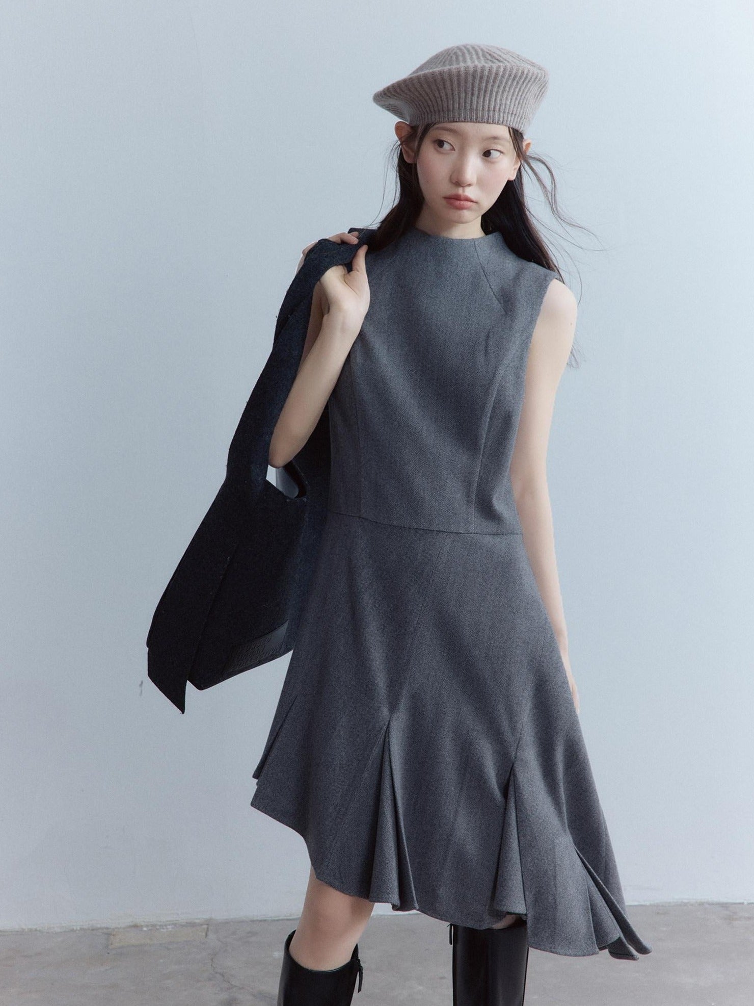 FUSSED Soft Wool Blend Aline Irregular Hem Stand Collar Sleeveless Grey Midi Dresses