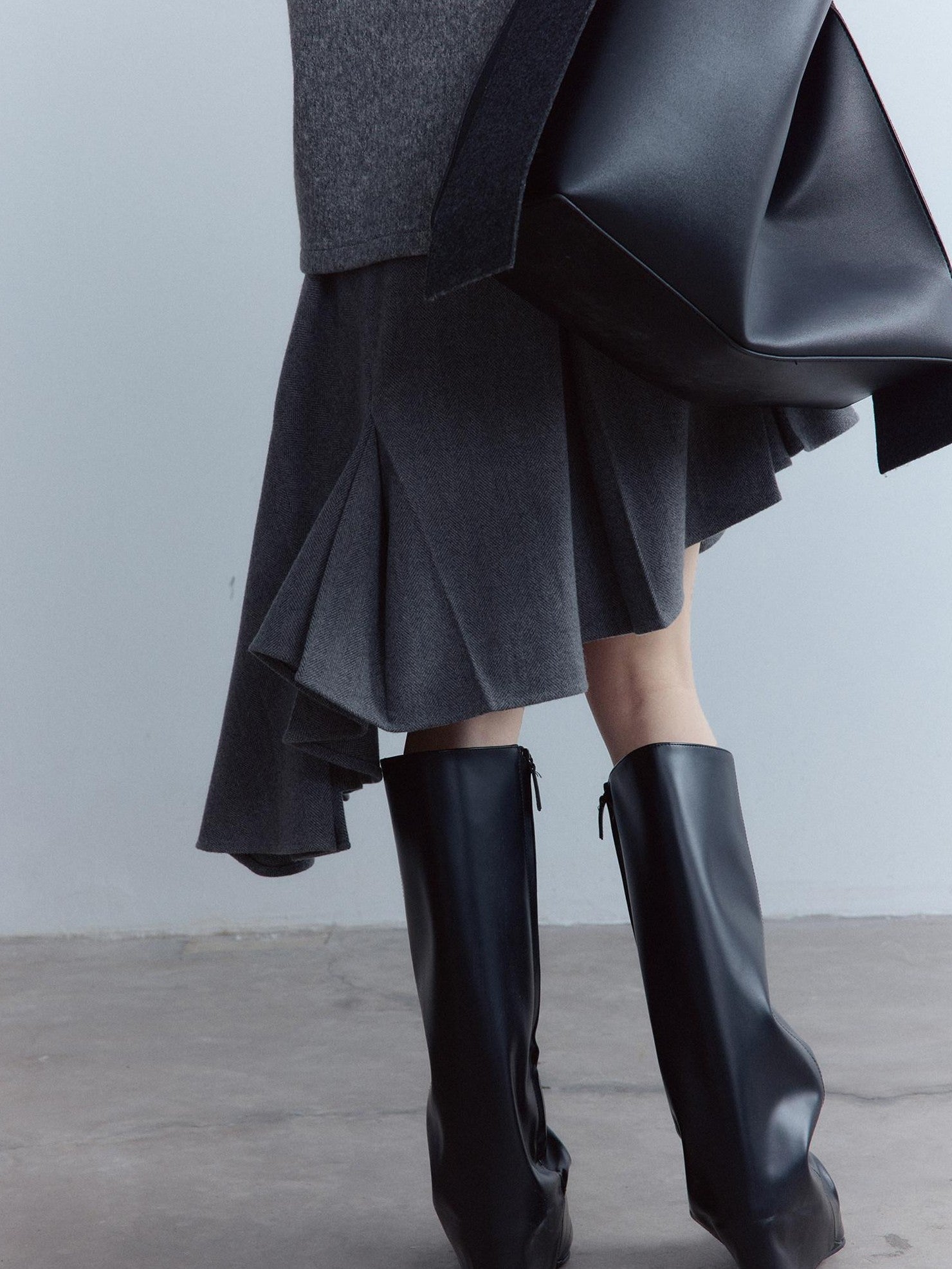 FUSSED Soft Wool Blend Aline Irregular Hem Stand Collar Sleeveless Grey Midi Dresses