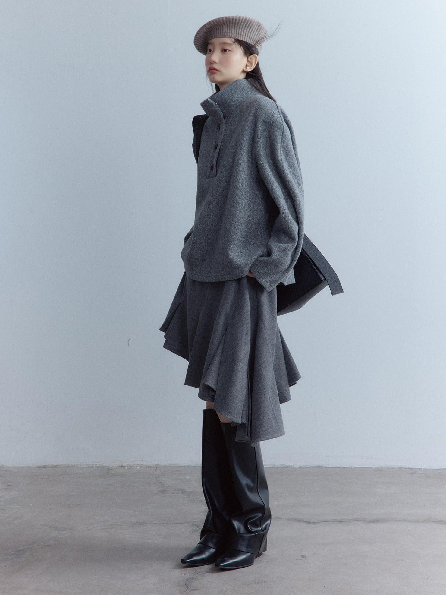FUSSED Soft Wool Blend Aline Irregular Hem Stand Collar Sleeveless Grey Midi Dresses